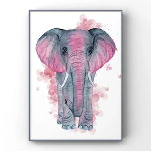 Pink Grey watercolor Elephant portrait wall art home decor poster print.